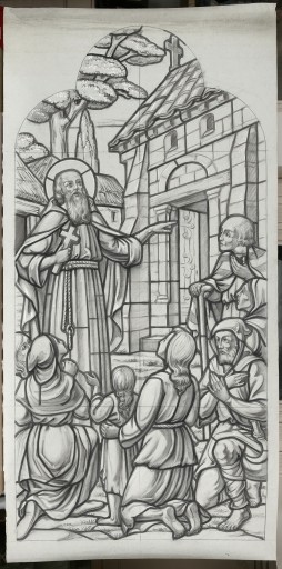 Ensemble de 6 verrières : Monseigneur Grandin devant l'église des Cordeliers à Laval, saint Ortaire prêchant à Aron, éducation de la Vierge, messe de saint Martin, fuite en Égypte, saint Augustin - Église paroissiale Saint-Martin, Aron