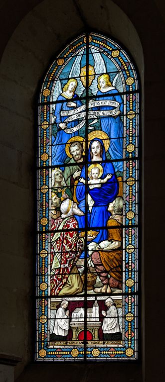 Ensemble de 5 verrières historiées : vie du Christ et de la Vierge (baies 0 à 4) - Église paroissiale Notre-Dame, Chassillé