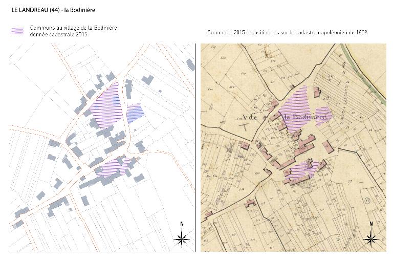 Espace non identifié par l'arpenteur au XIXe siècle, relevé comme commun au XXe siècle : exemple de la Bodinière au Landreau