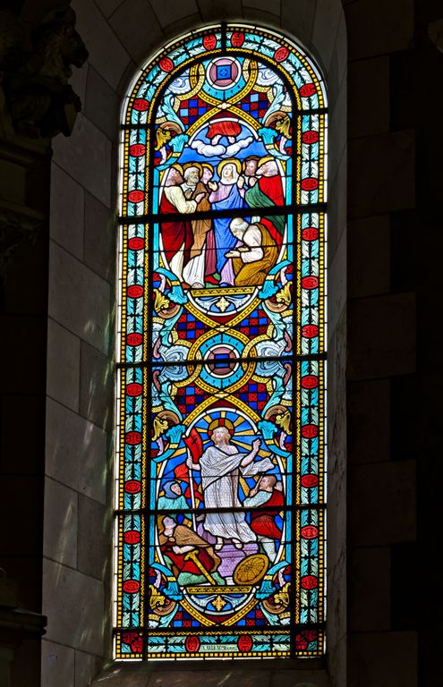 Ensemble de 2 verrières historiées : vie du Christ (baies 1 et 2) - Église paroissiale Saint-Pierre, Ruaudin