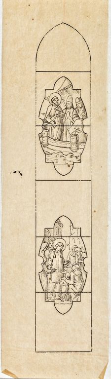 Ensemble de 2 verrières historiées : ascension, saint Michel terrassant le dragon, scènes de la vie de saints (baies 105 et 106) - Église paroissiale Notre-Dame-de-l'Assomption, Chailland