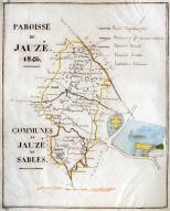 Plan de la paroisse de Jauzé (communes de Jauzé et de Sables) et plan d'une partie du bourg de Jauzé en 1846.