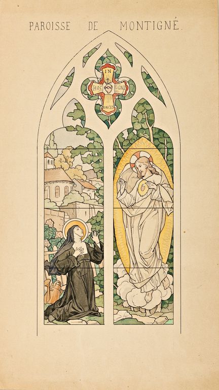 Ensemble de 2 verrières historiées : apparition du Sacré-Cœur à sainte Marguerite-Marie Alacoque, annonciation (baies 3 et 4) - Église paroissiale Saint-Georges, Montigné-le-Brillant