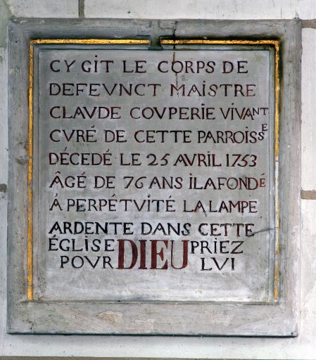 Épitaphe de Claude Couperie daté 1753
