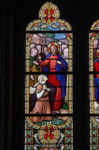 Verrière historiée : Jésus marchant sur les eaux, la résurrection de Lazare, la femme adultère, le repas chez Simon (baie 7) - Église Saint-Sulpice, Le Genest-Saint-Isle (Le Genest)