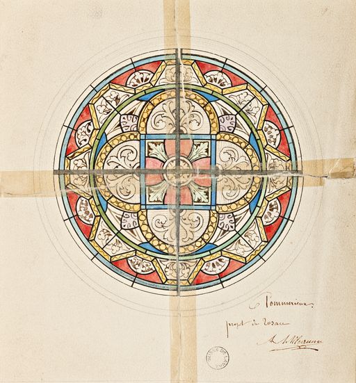 Ensemble de 5 verrières décoratives et de 7 verrières géométriques (baies 1 à 10, 12 et baie occidentale) - Église Saint-Martin, Pommerieux