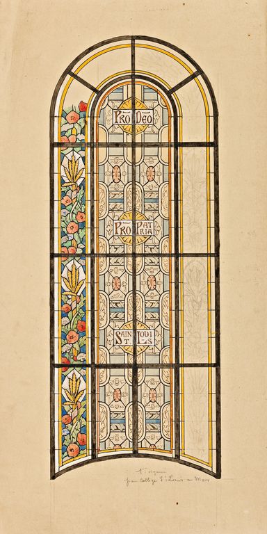 Ensemble de 6 verrières : Saint Pierre, saint Julien, sainte Jeanne d'Arc, sainte Thérèse de l'Enfant Jésus, armoiries (baies 1 à 6) - Institution Saint-Louis, Le Mans