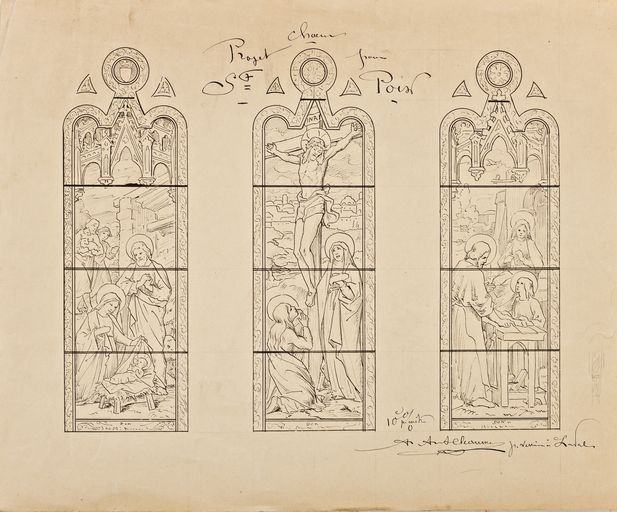 Ensemble de 3 verrières historiées : crucifixion, annonciation, nativité (baies 0 à 2) - Église paroissiale Saint-Paterne, Saint-Poix