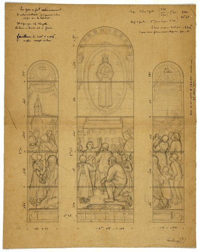 Ensemble de 3 verrières historiées : apparitions de la Vierge à la Salette, à Lourdes et à Pontmain (baies 9, 10 et baie occidentale) - Chapelle Notre-Dame-du-Chêne, Saint-Martin-de-Connée