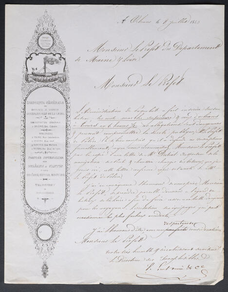 Lettre à en-tête de la compagnie des Inexplosibles de la Loire. 8 juillet 1849.