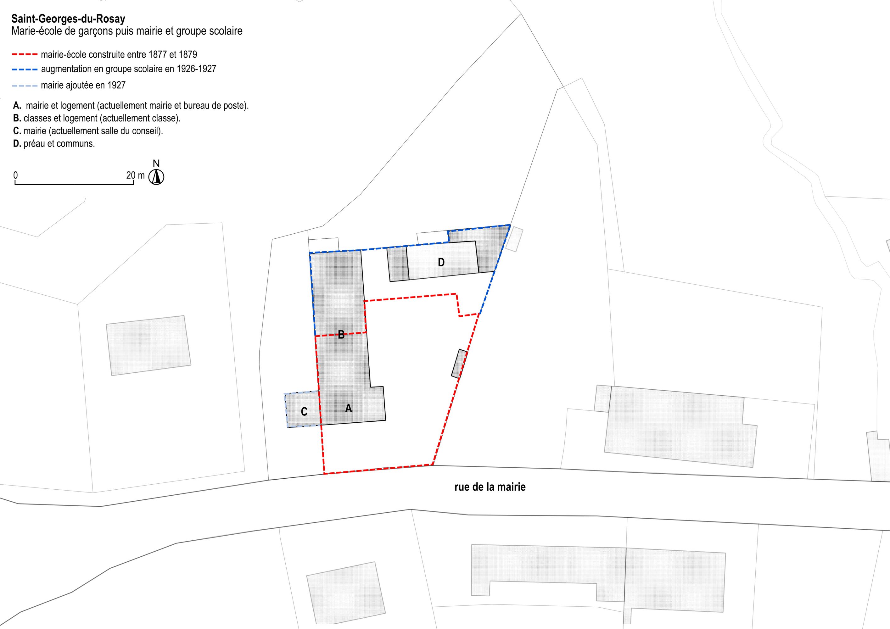 Mairie-école puis groupe scolaire de Saint-Georges-du-Rosay, actuellement mairie, poste et groupe scolaire.