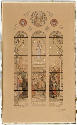 Ensemble de 2 verrières historiées : Sainte Famille, apparition de la Vierge à Pontmain (baies 2 et 4) - Église paroissiale Saint-Crespin-et-Crespinien, Larchamp
