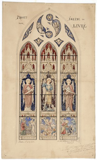 Ensemble de 2 verrières à personnages : saint Gabriel, saint Michel, saint Raphaël ; saint Stanislas Kotska, saint Louis de Gonzague, saint Jean Berchmans (baies 5 et 6) - Église Notre-Dame-de-l'Assomption, Livré-la-Touche