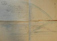 Plan du site du Gouffre par l'ingénieur Ritter, 16 février 1845 (le nord en bas) : en rose en bas, le Contrebot dévié en 1844 ou Petit Larron ; en rose en bas à droite, le prolongement du Petit Larron proposé.