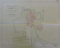 Projet de reconstruction de l'église de Vix par Victor Clair, 4 septembre 1869 : plan de situation. En rouge, au centre, l'église projetée