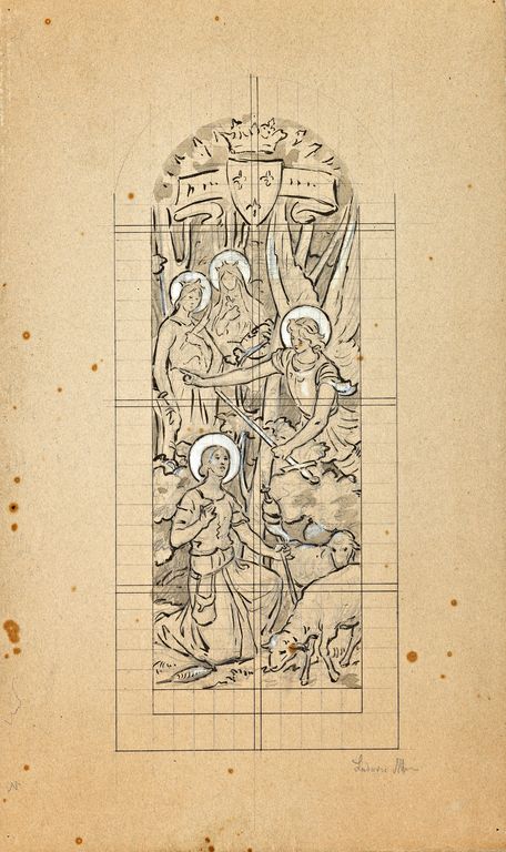Ensemble de 2 verrières historiées : charité de saint Martin, sainte Jeanne d'Arc entendant les voix (baies 9 et 10) - Église paroissiale Saint-Martin, Loupfougères