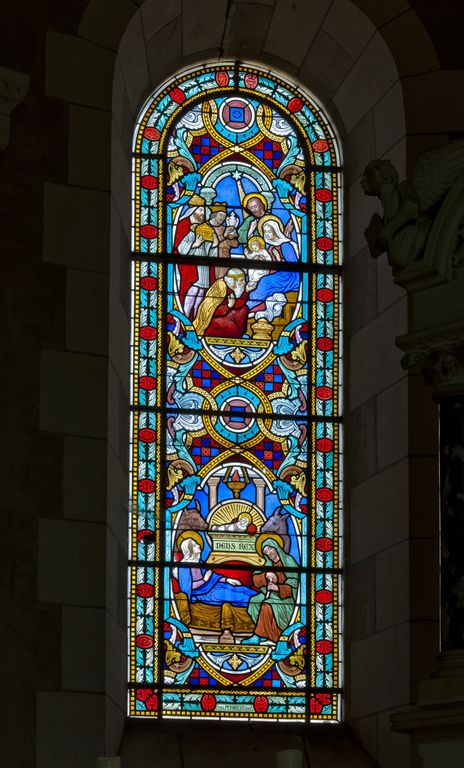 Ensemble de 2 verrières historiées : vie du Christ (baies 1 et 2) - Église paroissiale Saint-Pierre, Ruaudin
