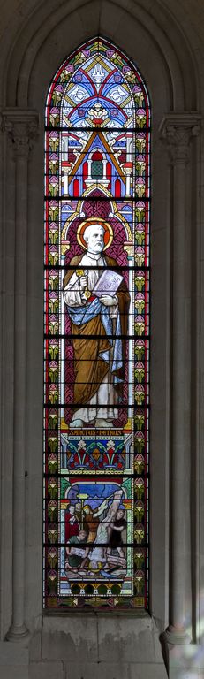 Ensemble de 3 verrières à personnage : Sacré Cœur, saint Pierre, saint Paul (baies 0 à 2) - Église paroissiale Saint-Pierre-et-Saint-Paul, Courcité