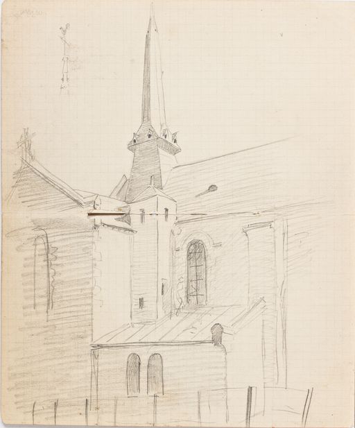 Verrière historiée : gendarmes brisant une verrière lors de l'inventaire de 1906 (baie 9) - Église paroissiale Saint-Martin, Montjean