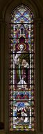 Ensemble de 3 verrières à personnage : Sacré Cœur, saint Pierre, saint Paul (baies 0 à 2) - Église paroissiale Saint-Pierre-et-Saint-Paul, Courcité