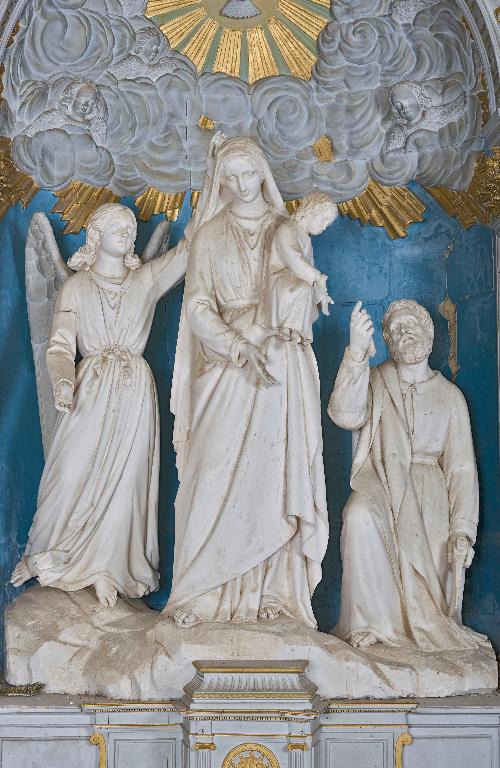 Groupe sculpté : la Vierge à l'Enfant accompagnée d'un ange et de saint Joseph - Église Notre-Dame-de-l'Assomption, La Rouaudière