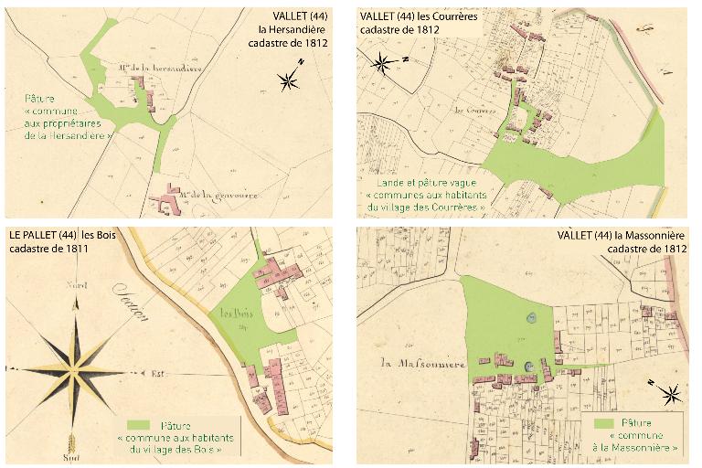 Communs de villages repérés par les arpenteurs sur le cadastre napoléonien (panel d'exemples)