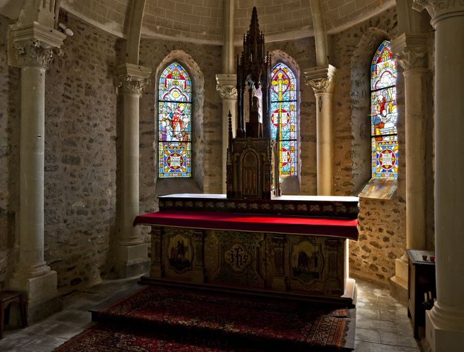 Ensemble d'1 verrière décorative et de 2 verrières historiées : les vertus théologales, messe de saint Martin, mort de saint Martin (baies 0 à 2) - Église paroissiale Saint-Martin, Moulay