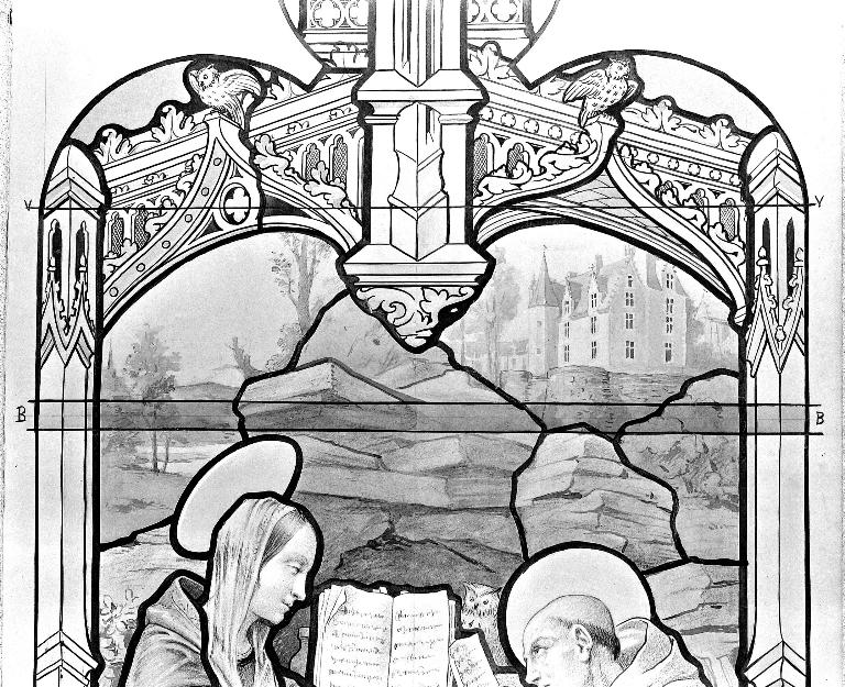 Ensemble des 2 verrières de la chapelle : saint Nicolas et les trois clercs au saloir, apparition de la Vierge à saint Bernard (baies 0 et 2) - Château de Lorrière, Dissé-sous-le-Lude