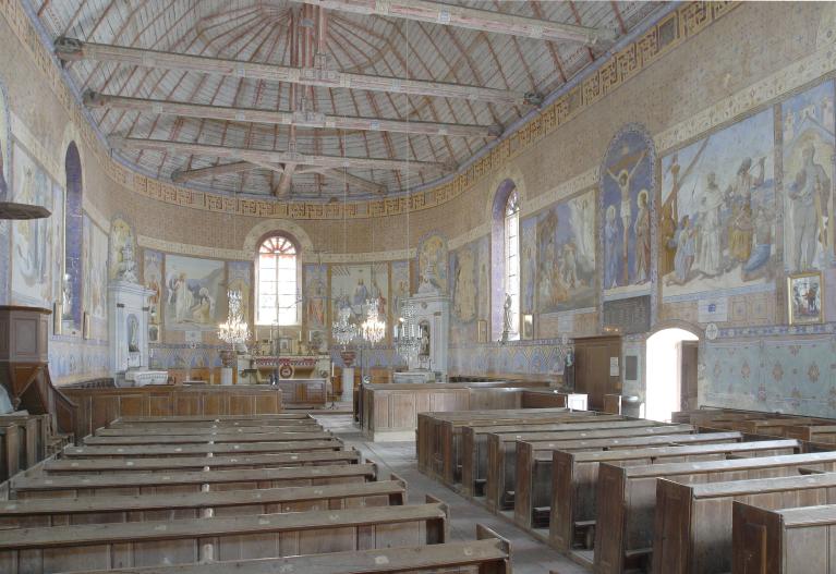 Conflans-sur-Anille, Sarthe, église Saint-Maurice. Vue d'ensemble vers le sud-est du décor peint au silicate de potasse.
