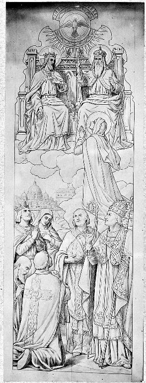 Ensemble de 2 verrières historiées : l'agonie au jardin des oliviers, la Vierge intercédant pour l'Eglise auprès de la Trinité, le portement de croix, l'assomption (baies 3 et 4) - Église paroissiale Saint-Nicolas, Craon