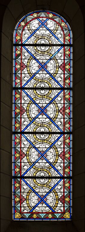 Ensemble de 3 verrières à personnage, de 4 verrières historiées et de 4 verrières décoratives - Église paroissiale Saint-Nazaire-et-Saint-Celse, Ruillé-en-Champagne