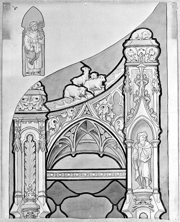 Verrière historiée : adoration des bergers (baie 3) - Église paroissiale Saint-Sixte, La Chapelle-Rainsouin