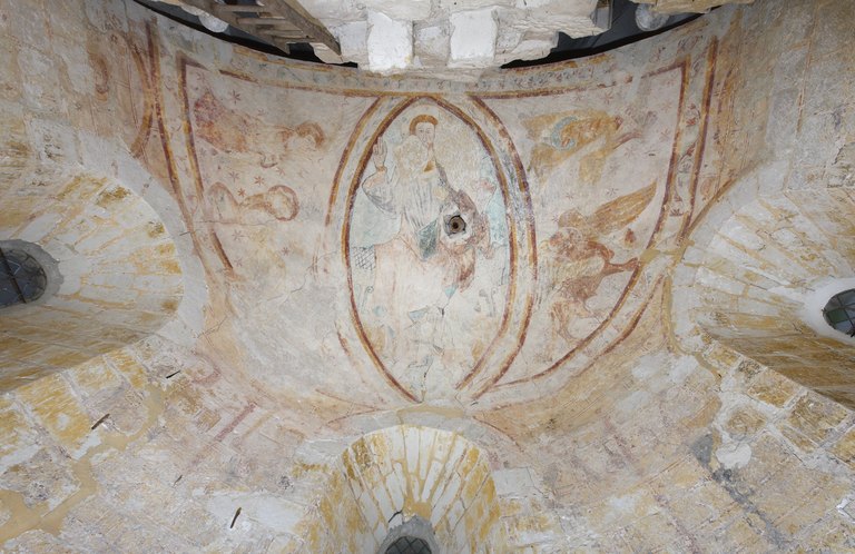 Ensemble de trois peintures monumentales : Christ en gloire entouré des symboles des Evangélistes, apôtres, imitation de pierre de taille