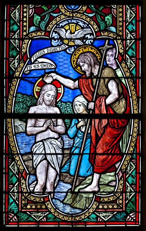 Ensemble de 2 verrières historiées : vie de saint Jean-Baptiste (baies 1 et 2) - Église paroissiale Saint-Jean-Baptiste, Carelles