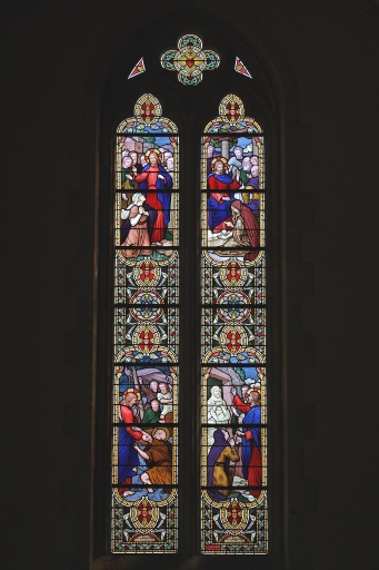 Verrière historiée : Jésus marchant sur les eaux, la résurrection de Lazare, la femme adultère, le repas chez Simon (baie 7) - Église Saint-Sulpice, Le Genest-Saint-Isle (Le Genest)