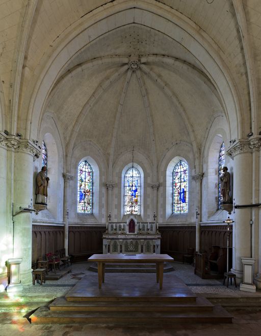 Ensemble de 5 verrières historiées : vie du Christ et de la Vierge (baies 0 à 4) - Église paroissiale Notre-Dame, Chassillé