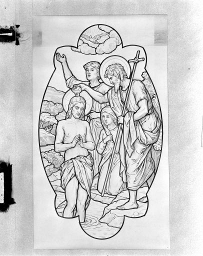 Ensemble de 2 verrières historiées : vie de saint Jean-Baptiste (baies 1 et 2) - Église paroissiale Saint-Jean-Baptiste, Carelles