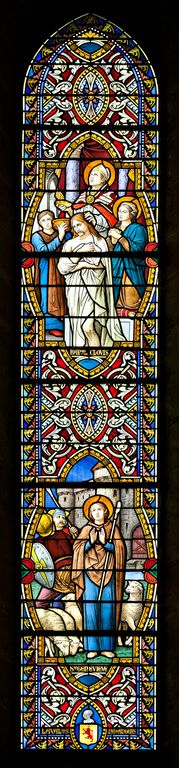 Ensemble de 2 verrières historiées : ascension, saint Michel terrassant le dragon, scènes de la vie de saints (baies 105 et 106) - Église paroissiale Notre-Dame-de-l'Assomption, Chailland
