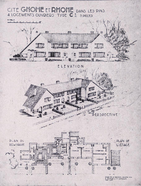 Elévation et plan pour les pavillons quadruples de la cité des Pins. 