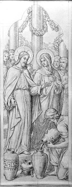 Ensemble de 2 verrières historiées : communion de la Vierge, noces de Cana (baies 3 et 4) - Église paroissiale Saint-Corneille-et-Saint-Cyprien, La Baconnière