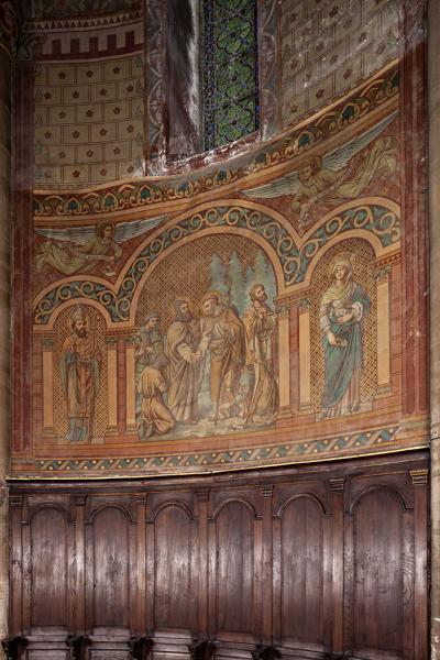 Toile marouflée sur le mur du choeur de l'église de Lassay, représentant saint Fraimbault et ses disciples, réalisée par Arsène Lefeuvre, en 1893.
