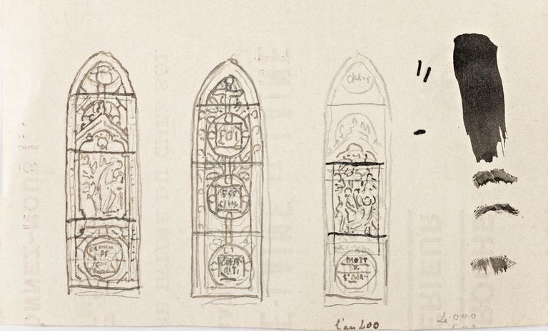 Ensemble d'1 verrière décorative et de 2 verrières historiées : les vertus théologales, messe de saint Martin, mort de saint Martin (baies 0 à 2) - Église paroissiale Saint-Martin, Moulay