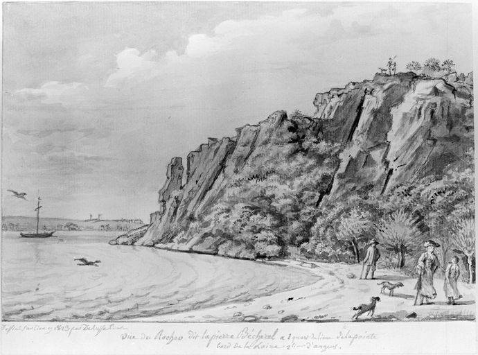 "Vüê du rocher dit de la pierre bécherel à un quart de lieue de la pointe / bord de la Loire 2 lieues d'Angers" (titre inscrit). (Musée de la marine de Loire de Châteauneuf-sur-Loire).