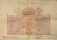 Elévation de la façade antérieure, la teinte violette indique ce qui est construit, la rose les parties dont l'exécution est envisagée, 1904.