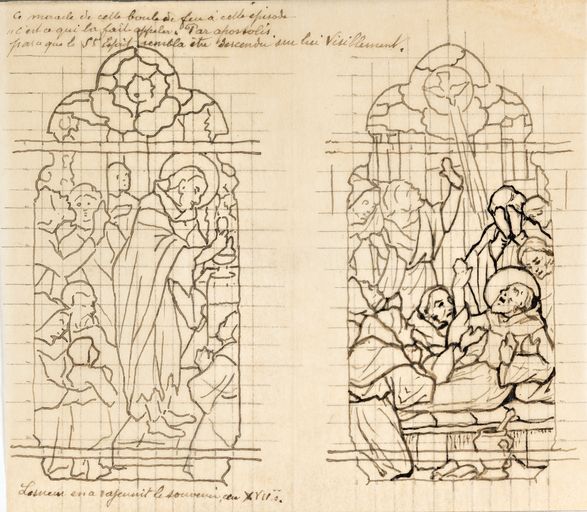 Ensemble d'1 verrière décorative et de 2 verrières historiées : les vertus théologales, messe de saint Martin, mort de saint Martin (baies 0 à 2) - Église paroissiale Saint-Martin, Moulay