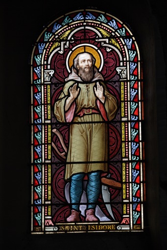 Ensemble de 5 verrières à personnage : saint Jean-Baptiste, sainte Caroline, saint René, saint Romain, saint Isidore le laboureur (baies 0 et 5 à 8) - Église paroissiale Saint-Jean-Baptiste, Carelles