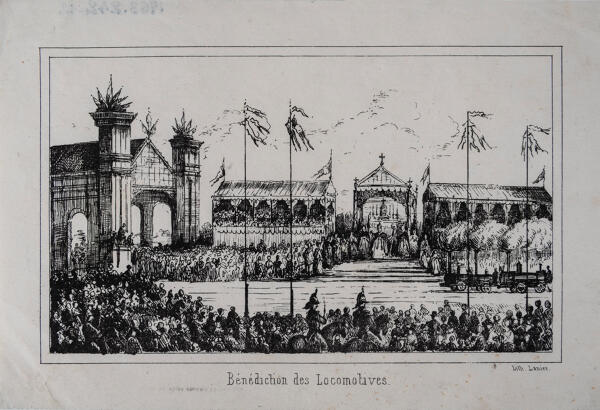 Lithographie représentant l'inauguration de la gare en 1854.