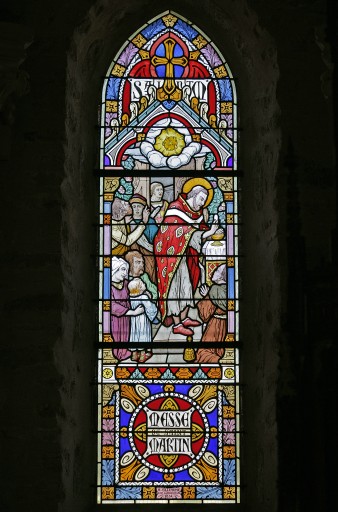 Ensemble d'1 verrière décorative et de 2 verrières historiées : les vertus théologales, messe de saint Martin, mort de saint Martin (baies 0 à 2) - Église paroissiale Saint-Martin, Moulay