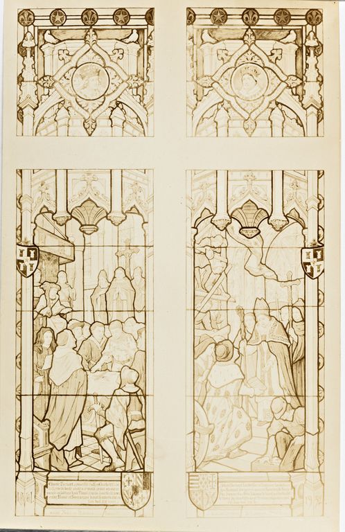 Verrière historiée : conclusion du traité d'Arras en 1435, réception du roi René et de Jeanne de Laval à Tours en 1455 - Château de Lorrière, Dissé-sous-le-Lude