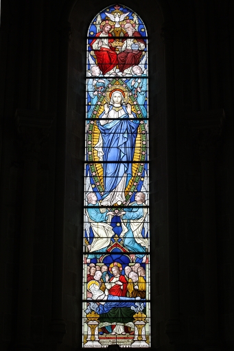 Ensemble de 3 verrières historiées et de 2 verrières décoratives : vie de la Vierge (baie 0 à 4) - Église Notre-Dame-de-l'Assomption, Commer